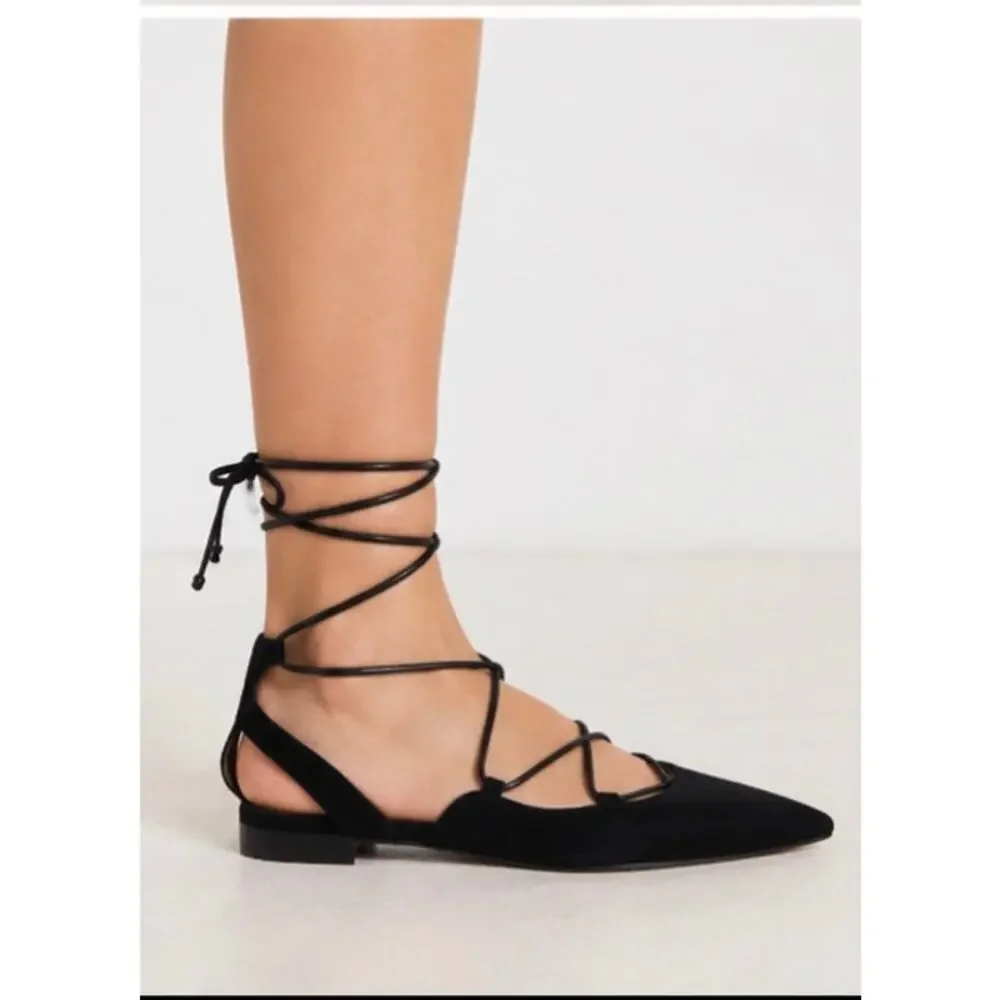 Saint Laurent Black Suede Lace Up Gladiator Pointed Toe Ballet Flats EU 37.5 YSL